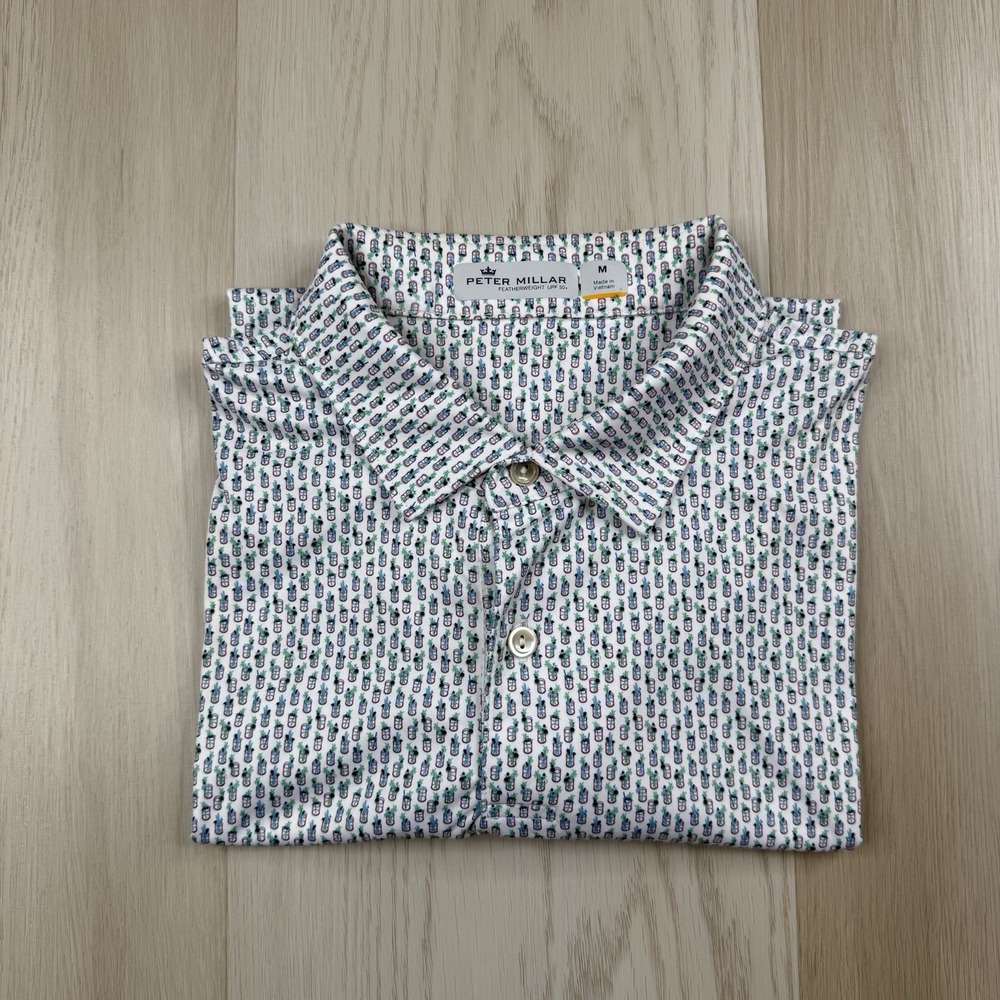 Peter Millar Golf Polo Shirt White Featherweight UPF 50+ Cocktail AOP Medium